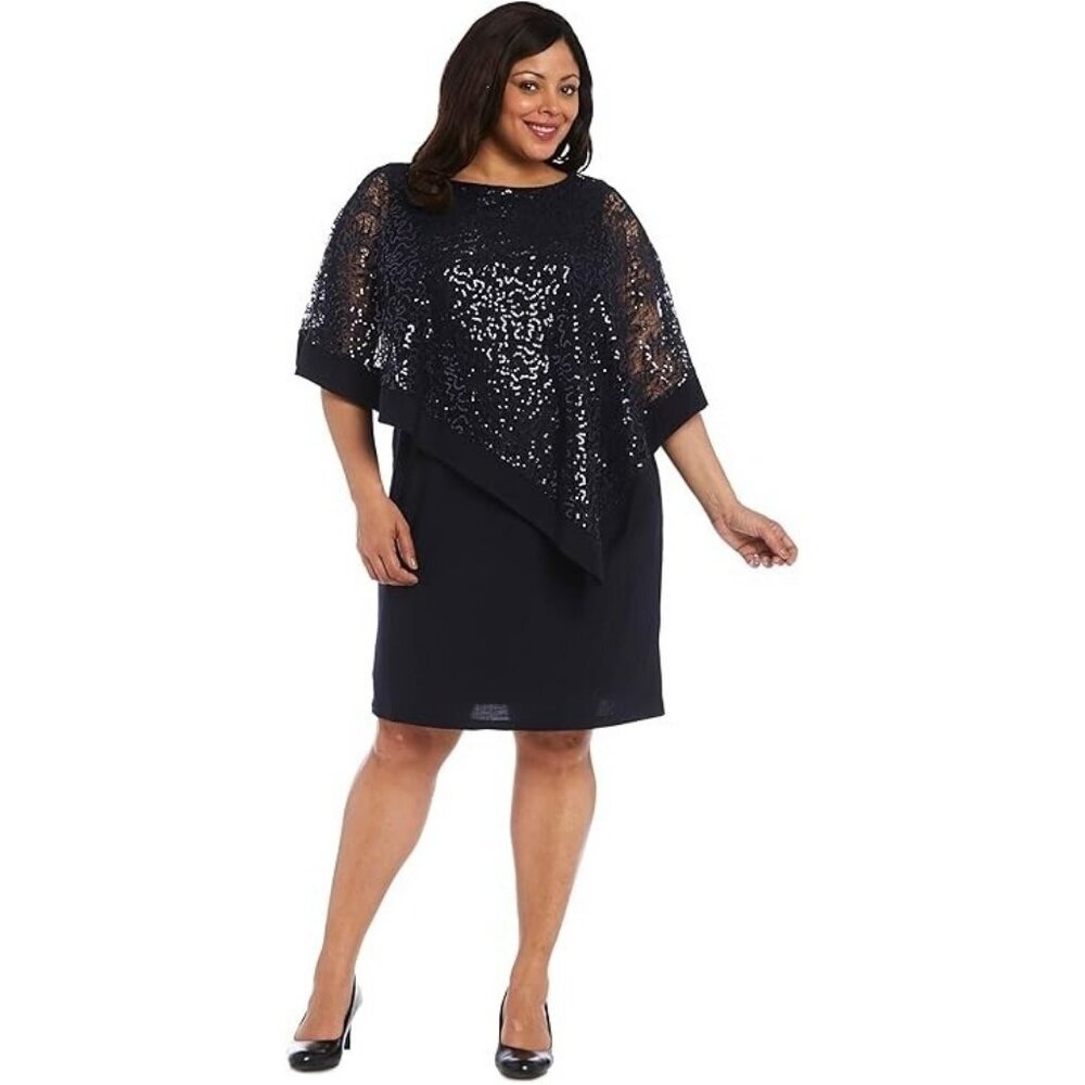 R&m Richard Women's Navy Knee Length Formal Party Sequined Poncho Dress Size 16w